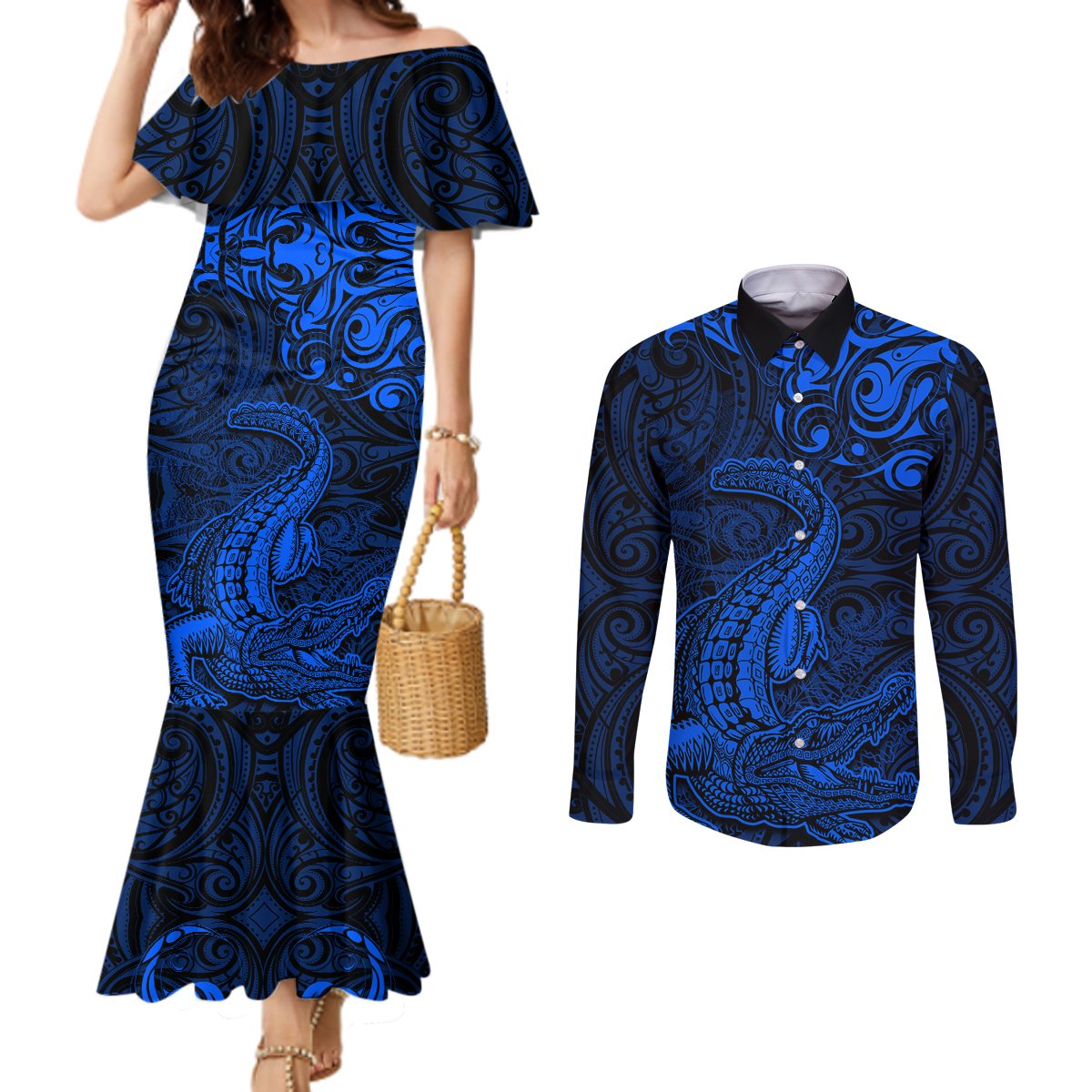 New Zealand Crocodile Tattoo and Fern Couples Matching Mermaid Dress and Long Sleeve Button Shirt Maori Pattern Blue Color