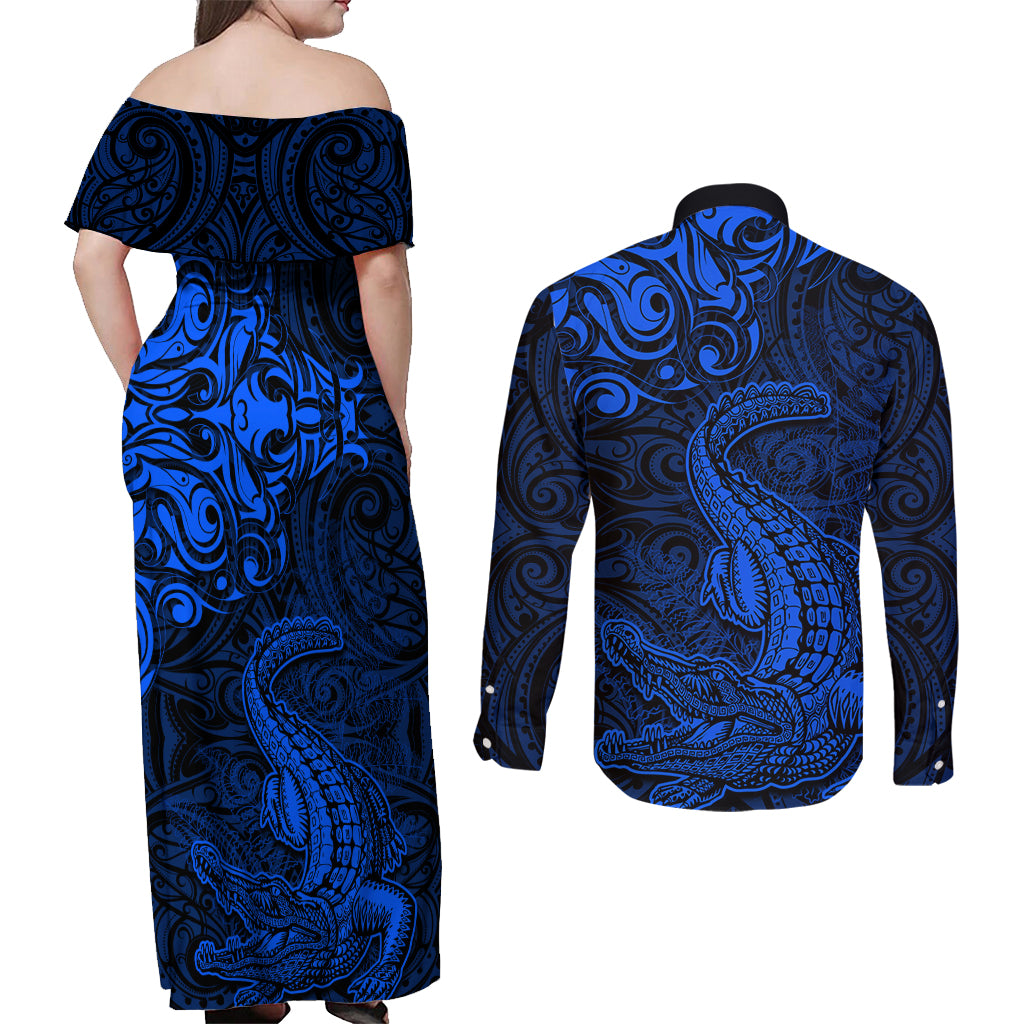 New Zealand Crocodile Tattoo and Fern Couples Matching Off Shoulder Maxi Dress and Long Sleeve Button Shirt Maori Pattern Blue Color