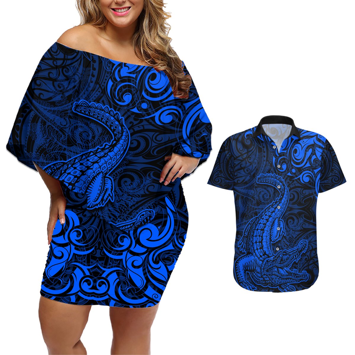 New Zealand Crocodile Tattoo and Fern Couples Matching Off Shoulder Short Dress and Hawaiian Shirt Maori Pattern Blue Color