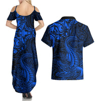 New Zealand Crocodile Tattoo and Fern Couples Matching Summer Maxi Dress and Hawaiian Shirt Maori Pattern Blue Color