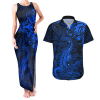 New Zealand Crocodile Tattoo and Fern Couples Matching Tank Maxi Dress and Hawaiian Shirt Maori Pattern Blue Color