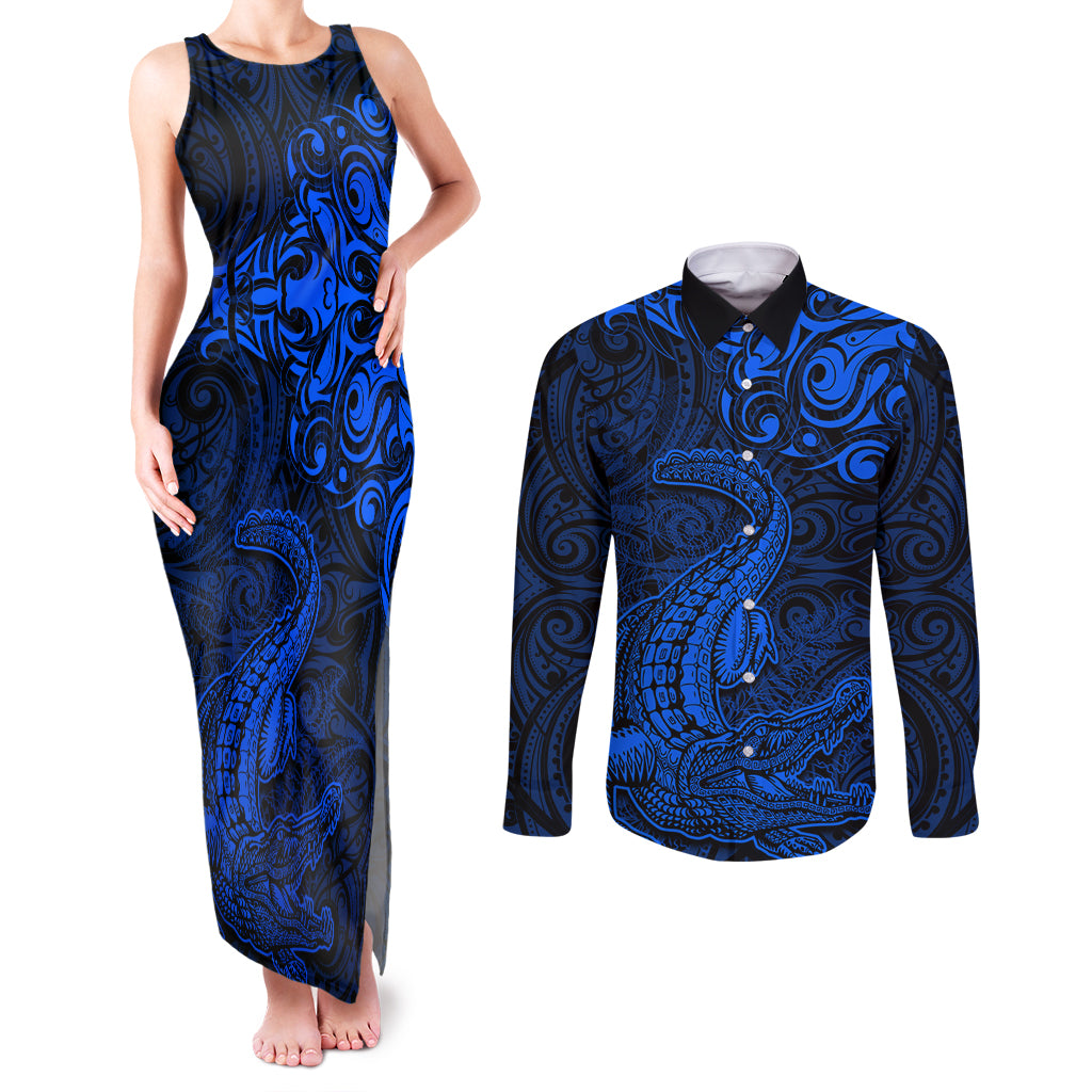 New Zealand Crocodile Tattoo and Fern Couples Matching Tank Maxi Dress and Long Sleeve Button Shirt Maori Pattern Blue Color