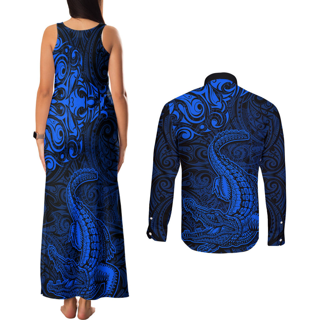 New Zealand Crocodile Tattoo and Fern Couples Matching Tank Maxi Dress and Long Sleeve Button Shirt Maori Pattern Blue Color