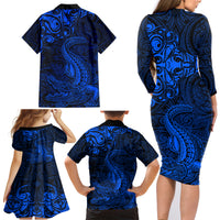 New Zealand Crocodile Tattoo and Fern Family Matching Long Sleeve Bodycon Dress and Hawaiian Shirt Maori Pattern Blue Color