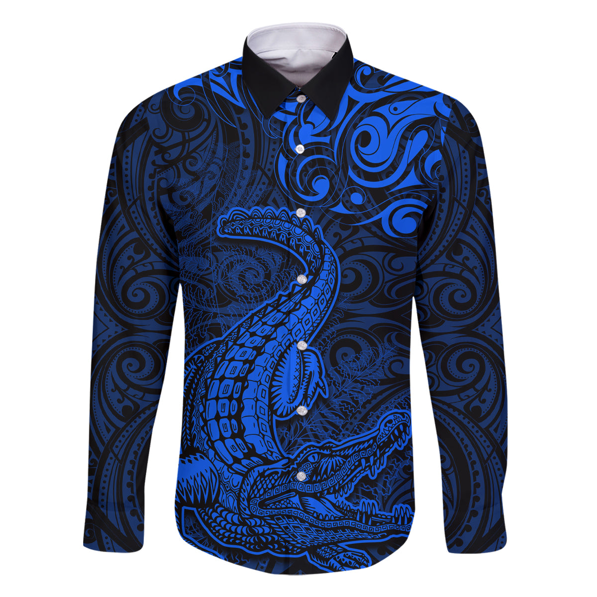 New Zealand Crocodile Tattoo and Fern Family Matching Long Sleeve Bodycon Dress and Hawaiian Shirt Maori Pattern Blue Color