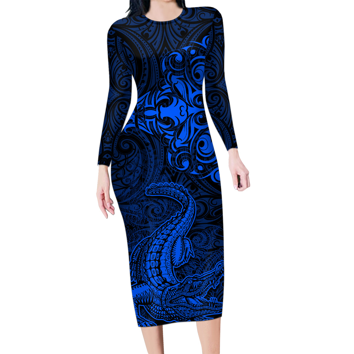 New Zealand Crocodile Tattoo and Fern Family Matching Long Sleeve Bodycon Dress and Hawaiian Shirt Maori Pattern Blue Color