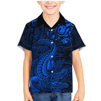 New Zealand Crocodile Tattoo and Fern Family Matching Mermaid Dress and Hawaiian Shirt Maori Pattern Blue Color