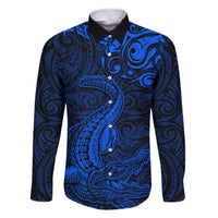 New Zealand Crocodile Tattoo and Fern Family Matching Off Shoulder Short Dress and Hawaiian Shirt Maori Pattern Blue Color