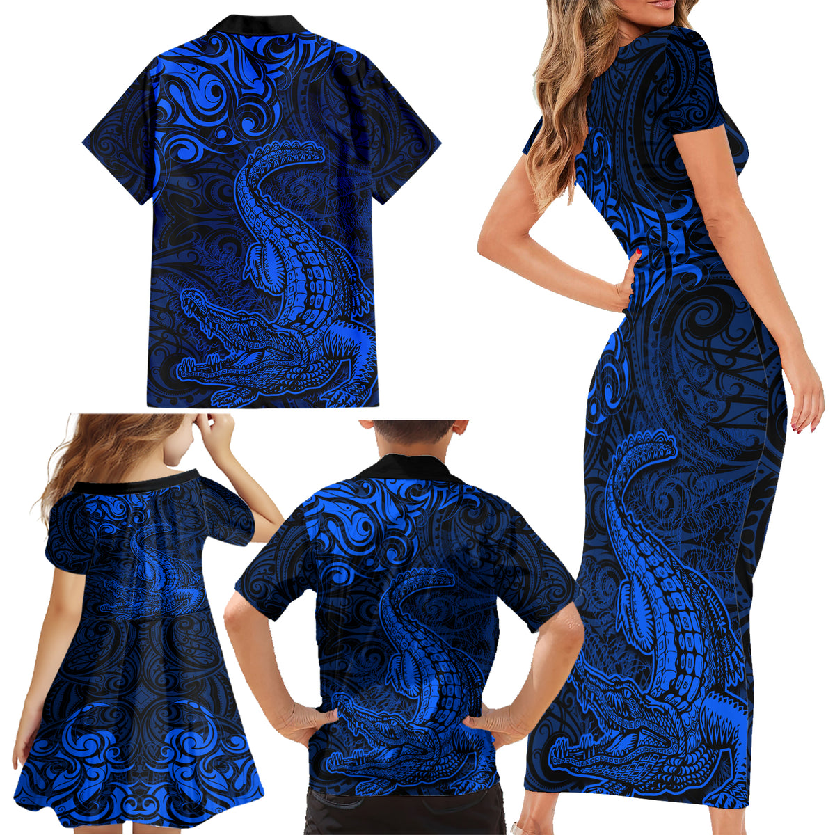 New Zealand Crocodile Tattoo and Fern Family Matching Short Sleeve Bodycon Dress and Hawaiian Shirt Maori Pattern Blue Color