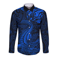 New Zealand Crocodile Tattoo and Fern Long Sleeve Button Shirt Maori Pattern Blue Color LT03 Unisex Blue - Polynesian Pride