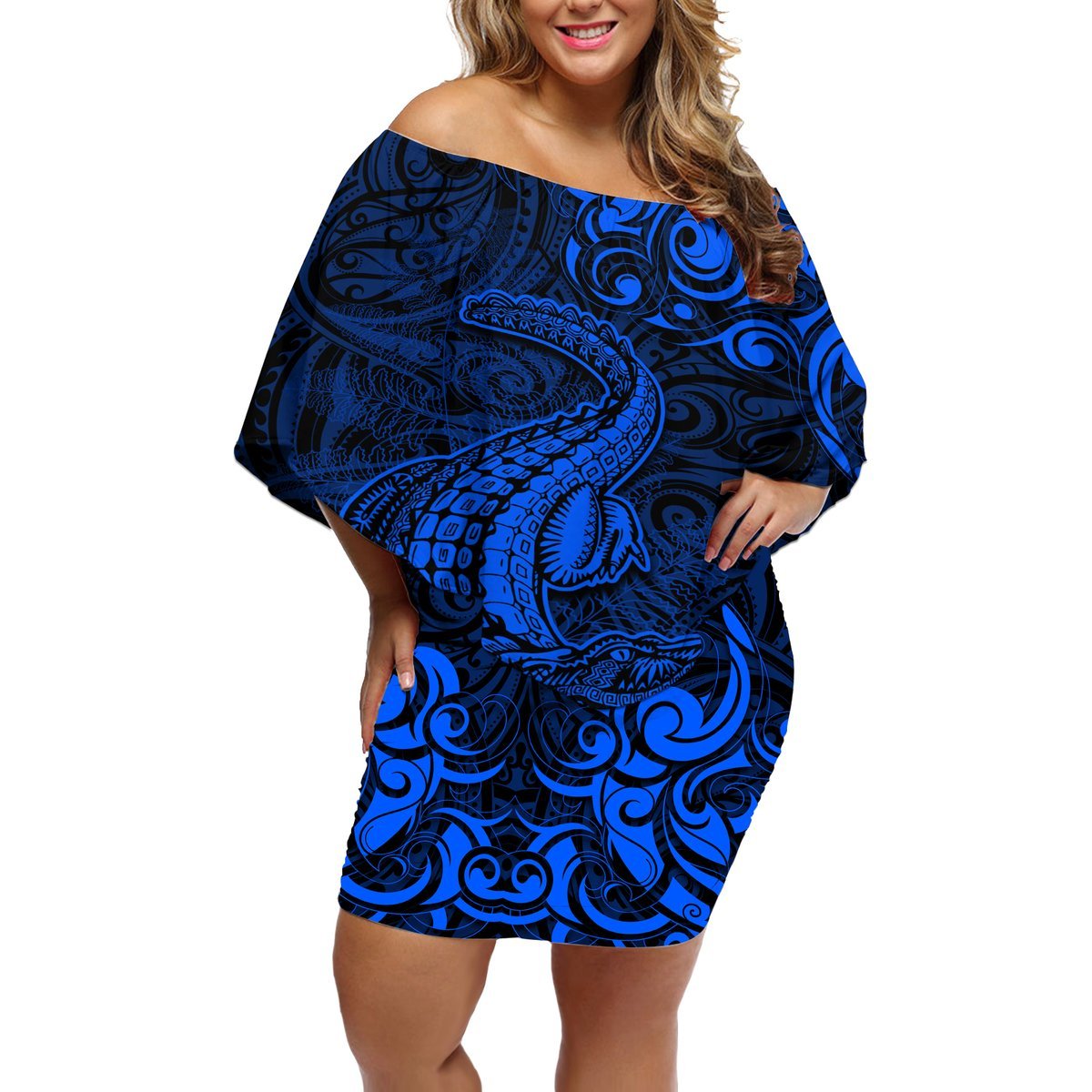 New Zealand Crocodile Tattoo and Fern Off Shoulder Short Dress Maori Pattern Blue Color LT03 Women Blue - Polynesian Pride