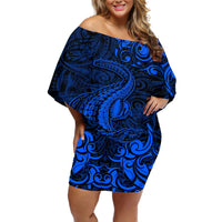 New Zealand Crocodile Tattoo and Fern Off Shoulder Short Dress Maori Pattern Blue Color LT03 Women Blue - Polynesian Pride