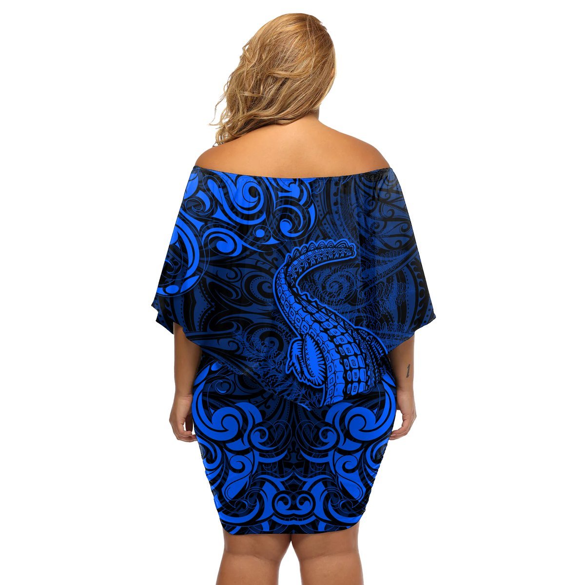 New Zealand Crocodile Tattoo and Fern Off Shoulder Short Dress Maori Pattern Blue Color LT03 - Polynesian Pride