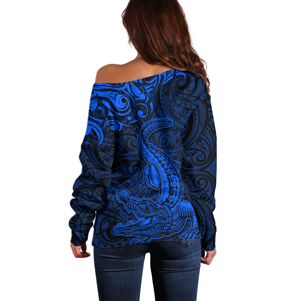 New Zealand Crocodile Tattoo and Fern Off Shoulder Sweater Maori Pattern Blue Color LT03 - Polynesian Pride