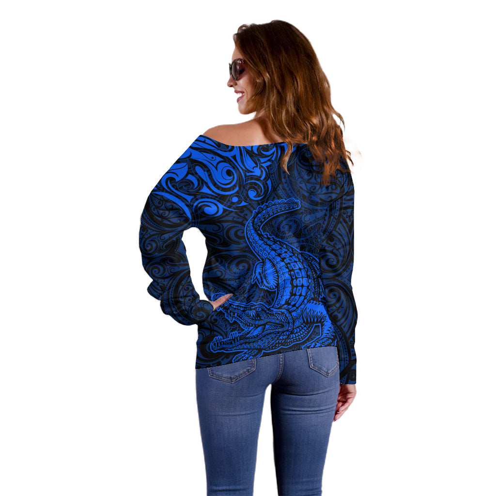 New Zealand Crocodile Tattoo and Fern Off Shoulder Sweater Maori Pattern Blue Color LT03 - Polynesian Pride