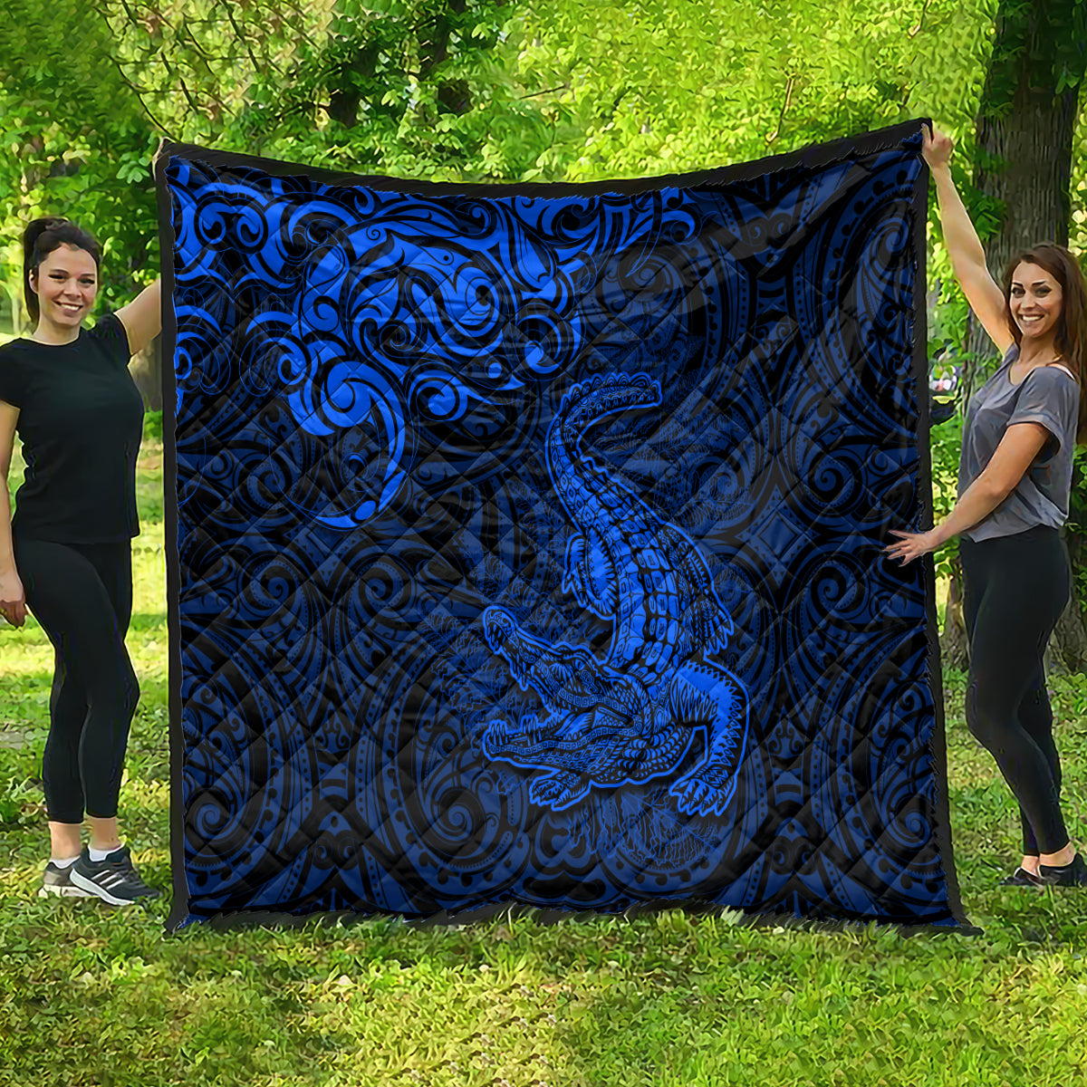 New Zealand Crocodile Tattoo and Fern Quilt Maori Pattern Blue Color LT03 - Polynesian Pride