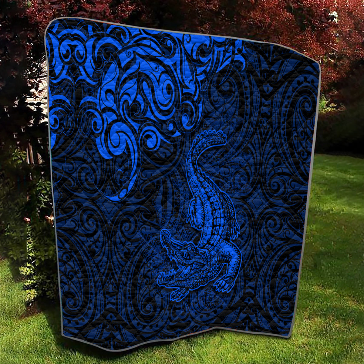 New Zealand Crocodile Tattoo and Fern Quilt Maori Pattern Blue Color LT03 - Polynesian Pride