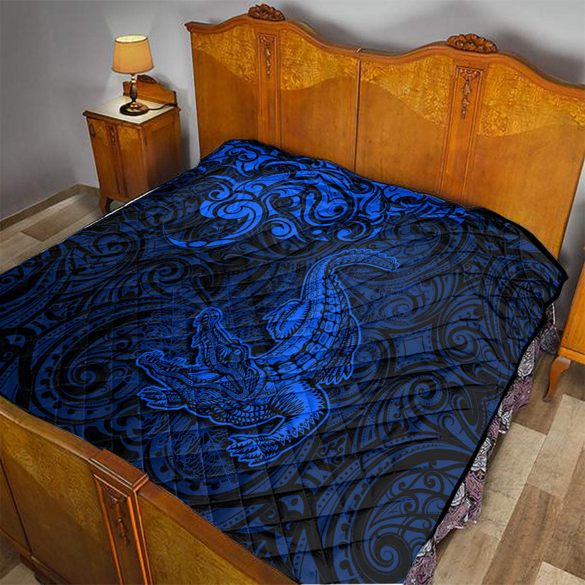 New Zealand Crocodile Tattoo and Fern Quilt Maori Pattern Blue Color LT03 - Polynesian Pride