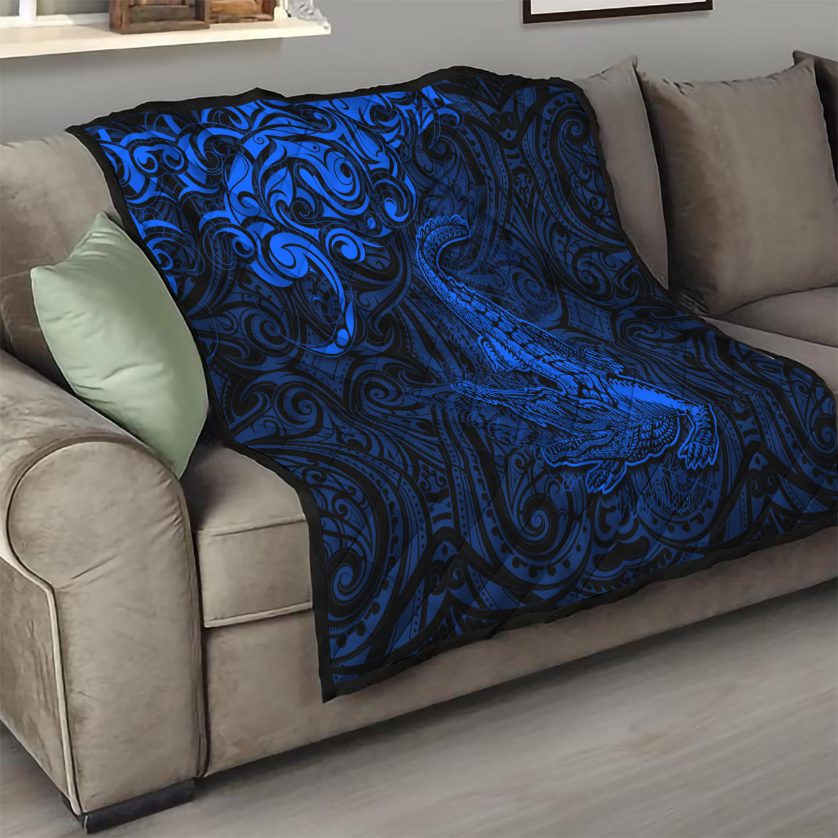 New Zealand Crocodile Tattoo and Fern Quilt Maori Pattern Blue Color LT03 - Polynesian Pride