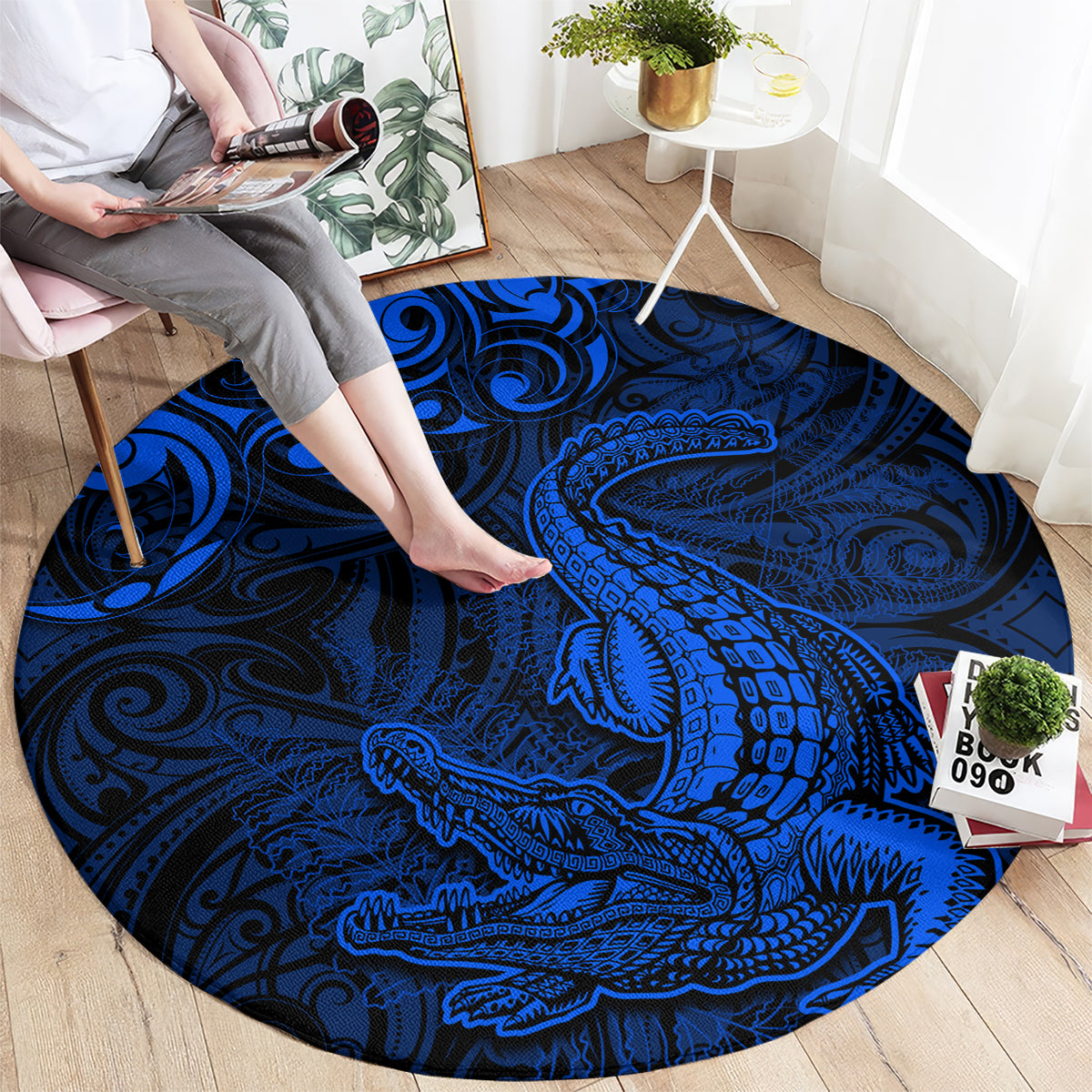 New Zealand Crocodile Tattoo and Fern Round Carpet Maori Pattern Blue Color LT03 - Polynesian Pride