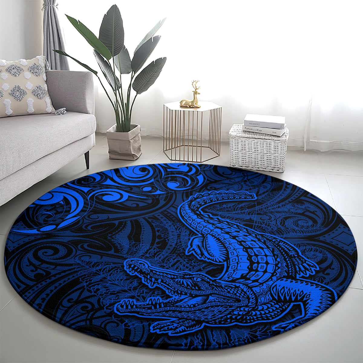 New Zealand Crocodile Tattoo and Fern Round Carpet Maori Pattern Blue Color LT03 - Polynesian Pride