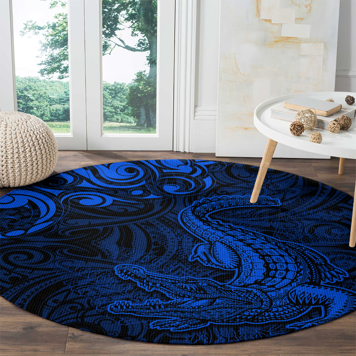 New Zealand Crocodile Tattoo and Fern Round Carpet Maori Pattern Blue Color LT03 - Polynesian Pride