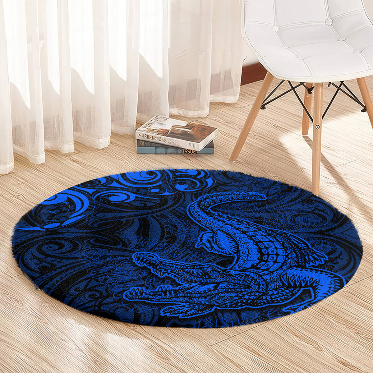 New Zealand Crocodile Tattoo and Fern Round Carpet Maori Pattern Blue Color LT03 - Polynesian Pride