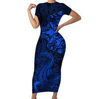 New Zealand Crocodile Tattoo and Fern Short Sleeve Bodycon Dress Maori Pattern Blue Color