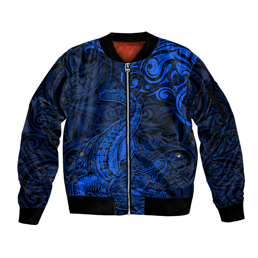 New Zealand Crocodile Tattoo and Fern Sleeve Zip Bomber Jacket Maori Pattern Blue Color