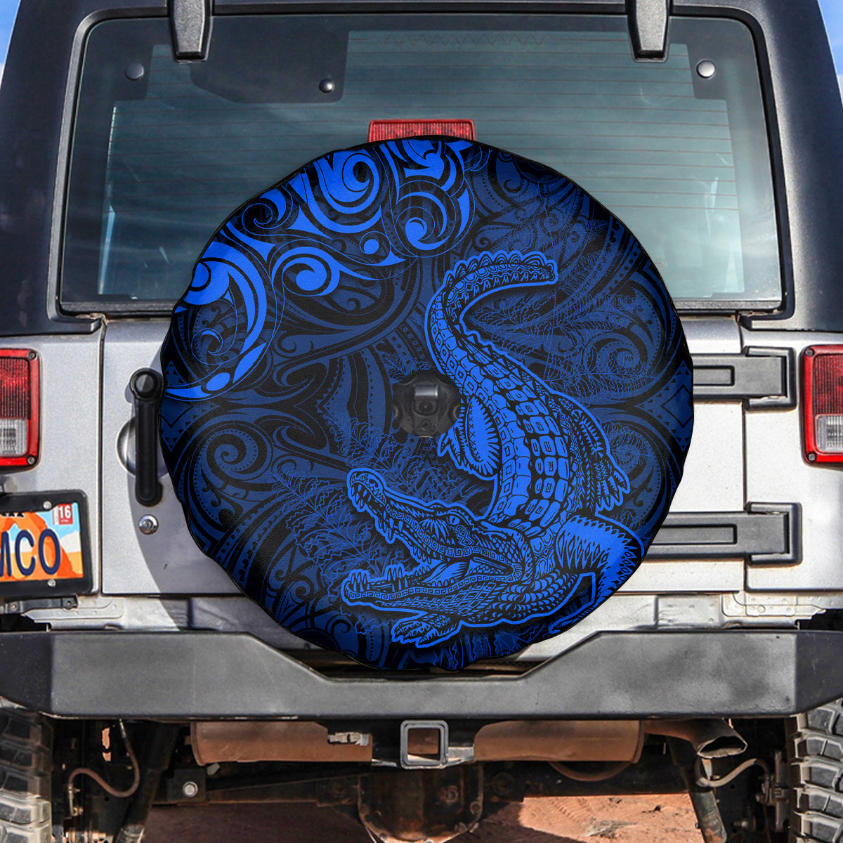 New Zealand Crocodile Tattoo and Fern Spare Tire Cover Maori Pattern Blue Color LT03 Blue - Polynesian Pride