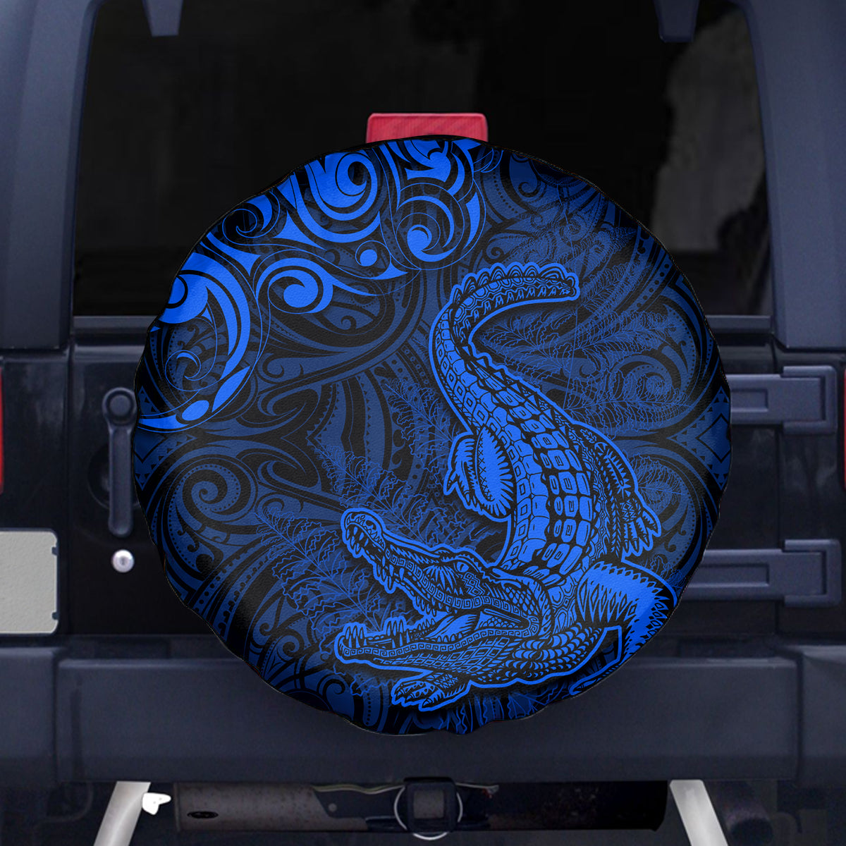 New Zealand Crocodile Tattoo and Fern Spare Tire Cover Maori Pattern Blue Color LT03 - Polynesian Pride