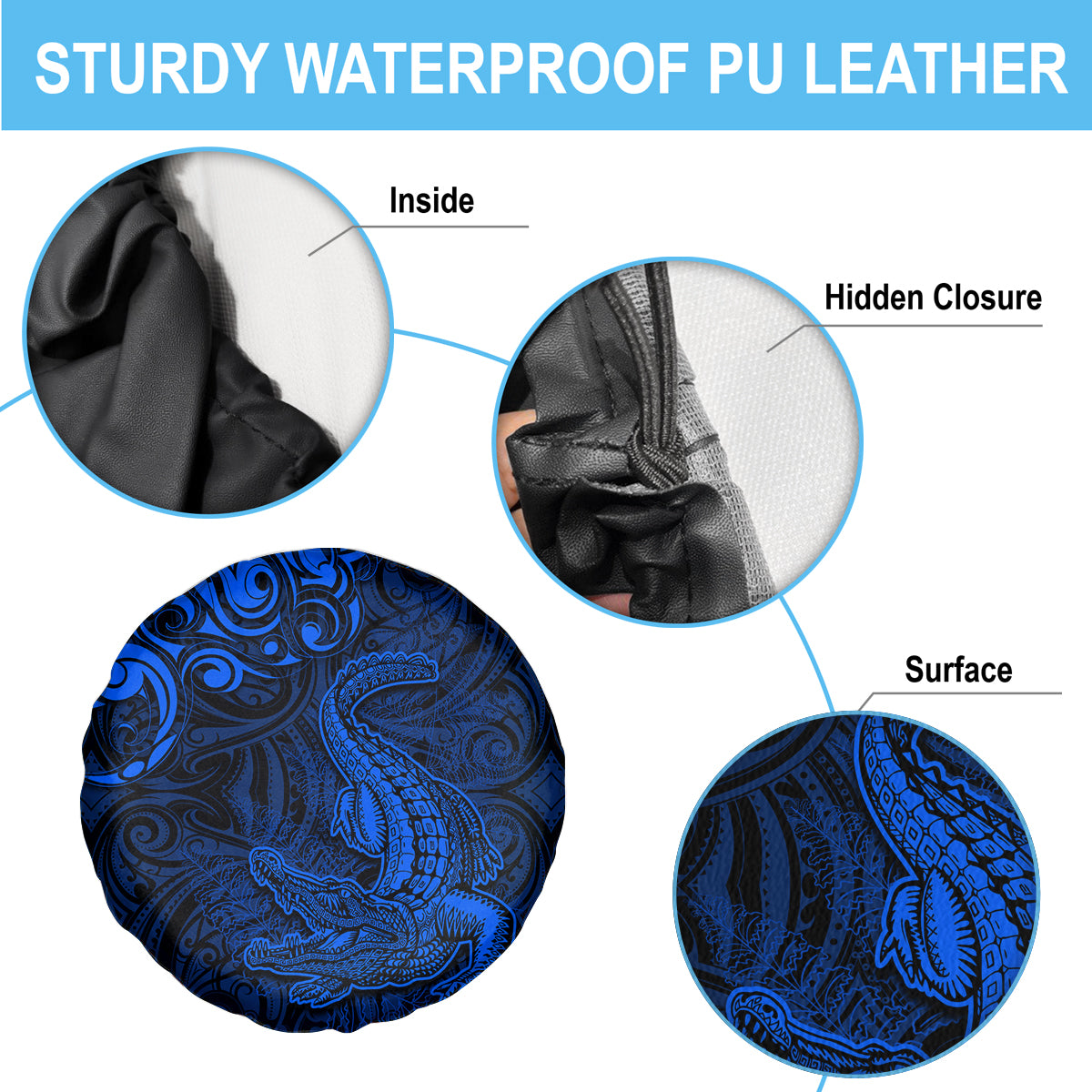 New Zealand Crocodile Tattoo and Fern Spare Tire Cover Maori Pattern Blue Color LT03 - Polynesian Pride