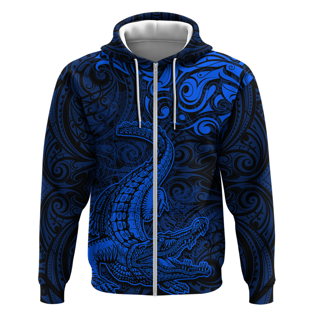 New Zealand Crocodile Tattoo and Fern Zip Hoodie Maori Pattern Blue Color