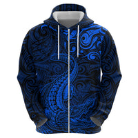 New Zealand Crocodile Tattoo and Fern Zip Hoodie Maori Pattern Blue Color