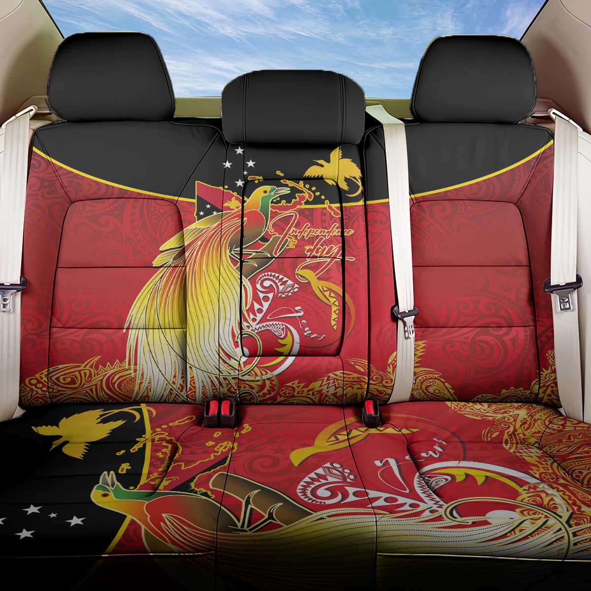 Papua New Guinea Independence Day Back Car Seat Cover Happy Anniversary 50th Bird-of-paradise Melanesian Tattoos - Polynesian Pride