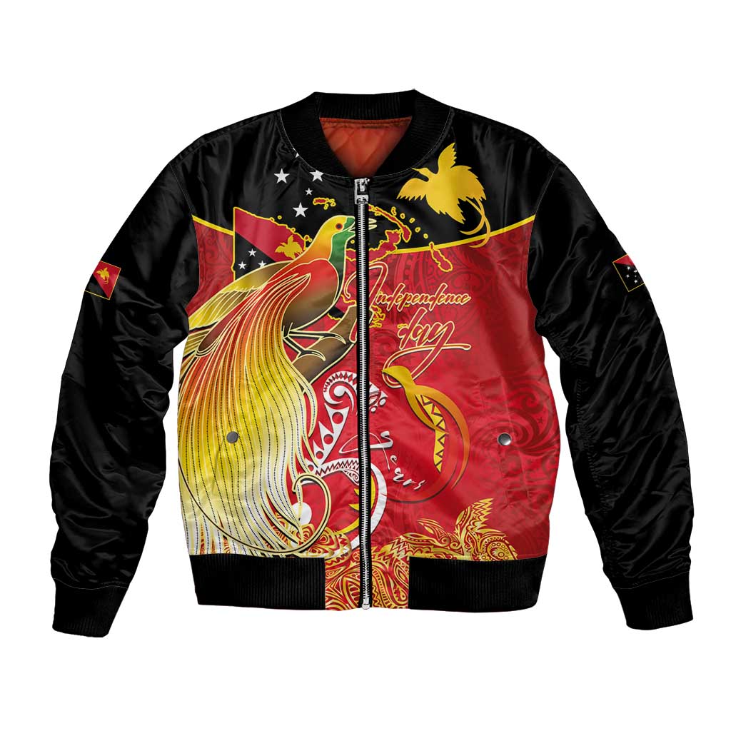 Papua New Guinea Independence Day Bomber Jacket Happy Anniversary 50th Bird-of-paradise Melanesian Tattoos LT03 Unisex Black - Polynesian Pride
