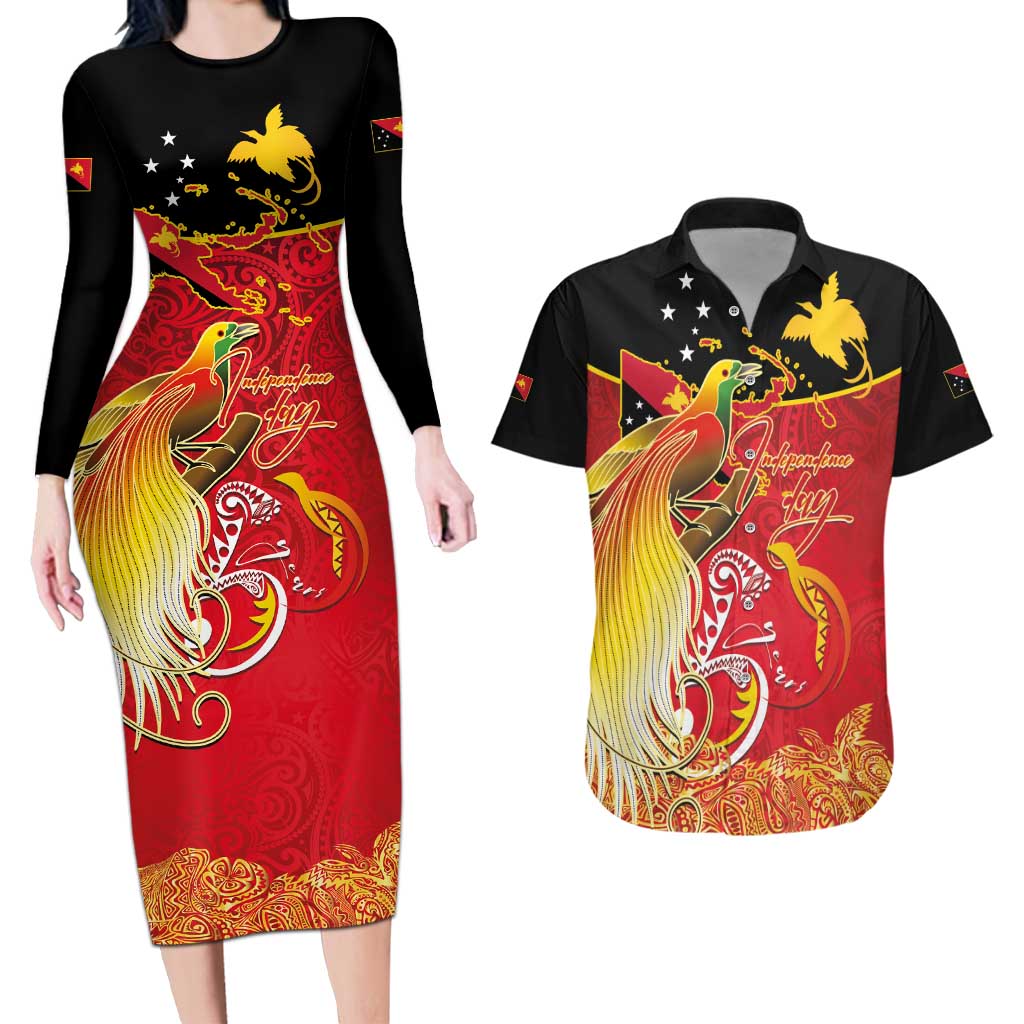 Papua New Guinea Independence Day Couples Matching Long Sleeve Bodycon Dress and Hawaiian Shirt Happy Anniversary 50th Bird-of-paradise Melanesian Tattoos - Polynesian Pride