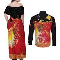 Papua New Guinea Independence Day Couples Matching Off Shoulder Maxi Dress and Long Sleeve Button Shirt Happy Anniversary 50th Bird-of-paradise Melanesian Tattoos - Polynesian Pride