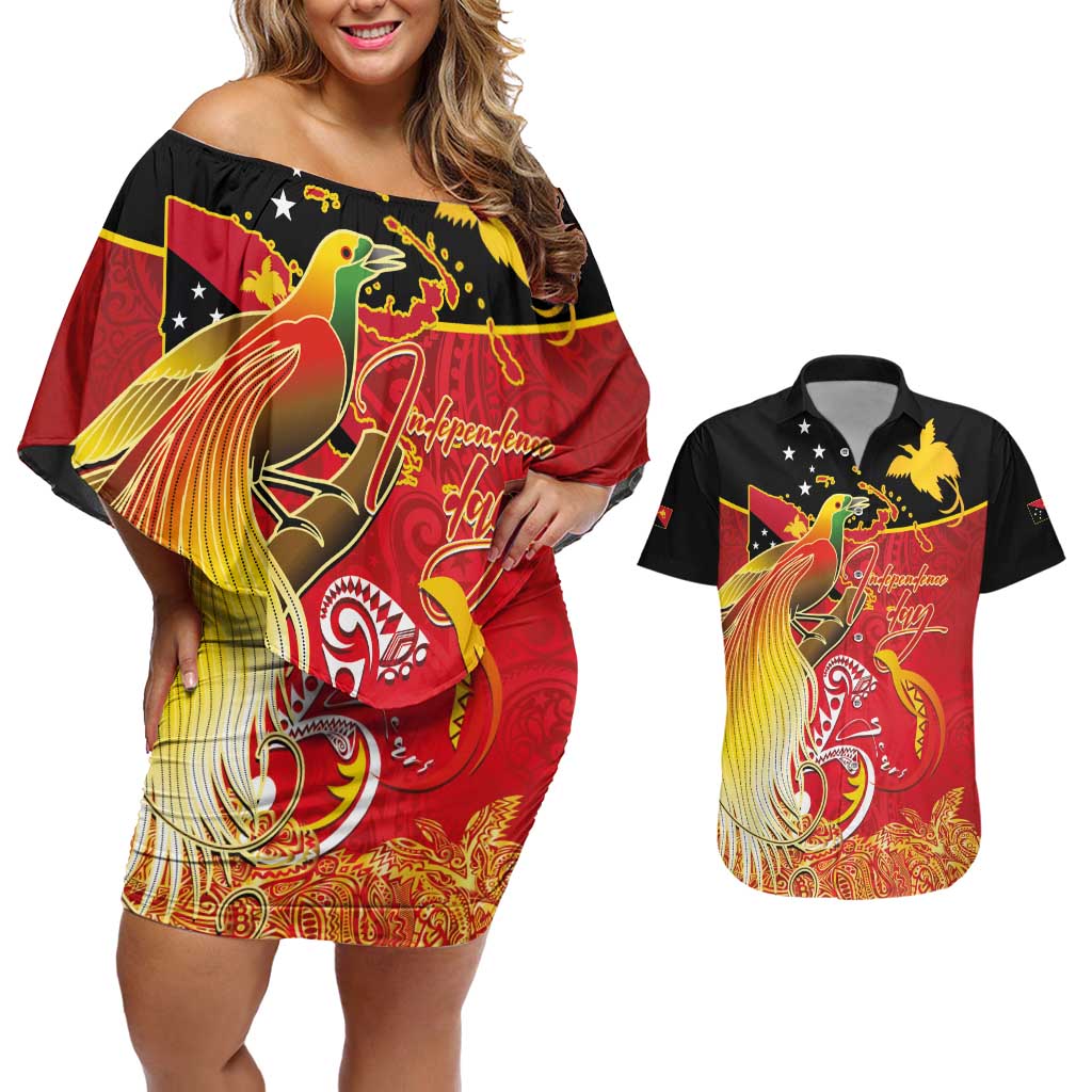 Papua New Guinea Independence Day Couples Matching Off Shoulder Short Dress and Hawaiian Shirt Happy Anniversary 50th Bird-of-paradise Melanesian Tattoos - Polynesian Pride