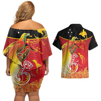Papua New Guinea Independence Day Couples Matching Off Shoulder Short Dress and Hawaiian Shirt Happy Anniversary 50th Bird-of-paradise Melanesian Tattoos - Polynesian Pride