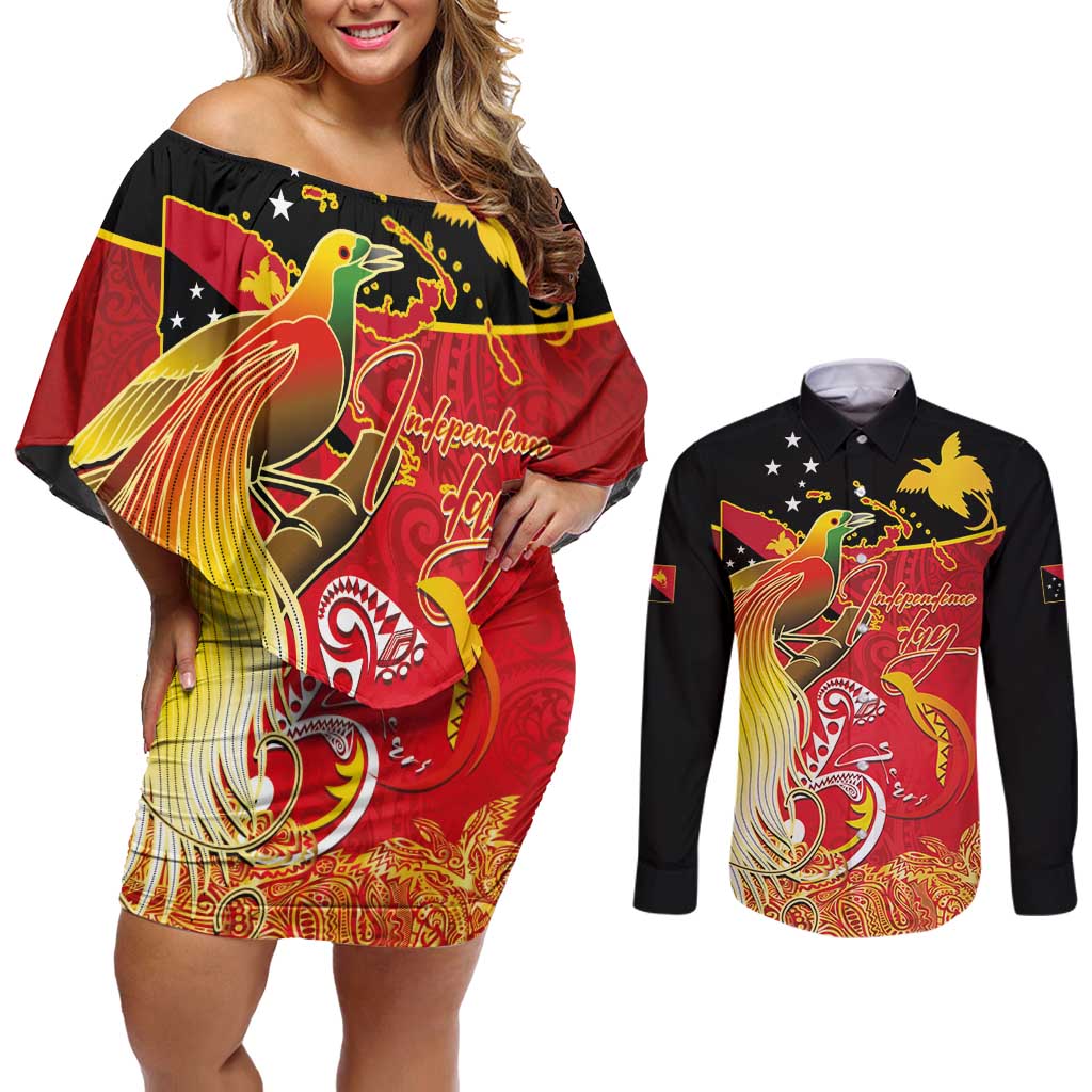 Papua New Guinea Independence Day Couples Matching Off Shoulder Short Dress and Long Sleeve Button Shirt Happy Anniversary 50th Bird-of-paradise Melanesian Tattoos - Polynesian Pride
