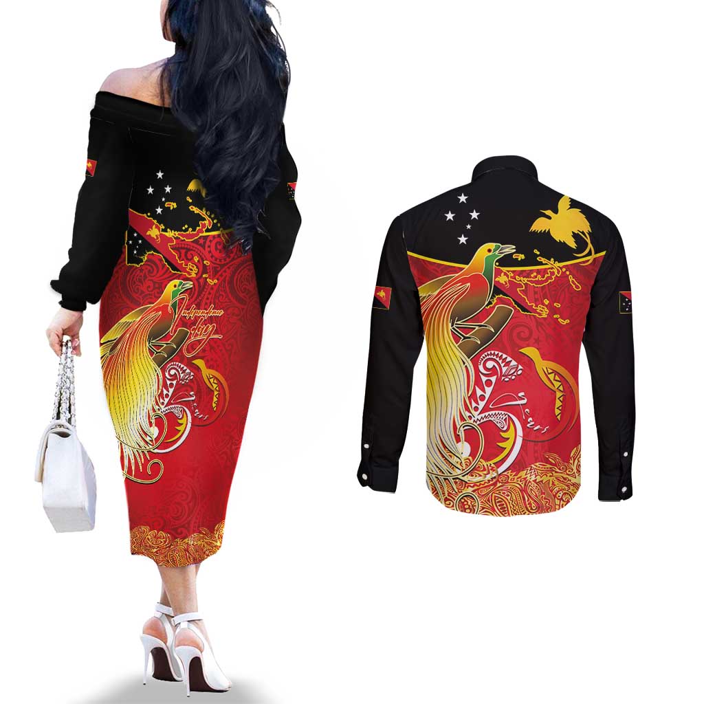 Papua New Guinea Independence Day Couples Matching Off The Shoulder Long Sleeve Dress and Long Sleeve Button Shirt Happy Anniversary 50th Bird-of-paradise Melanesian Tattoos - Polynesian Pride