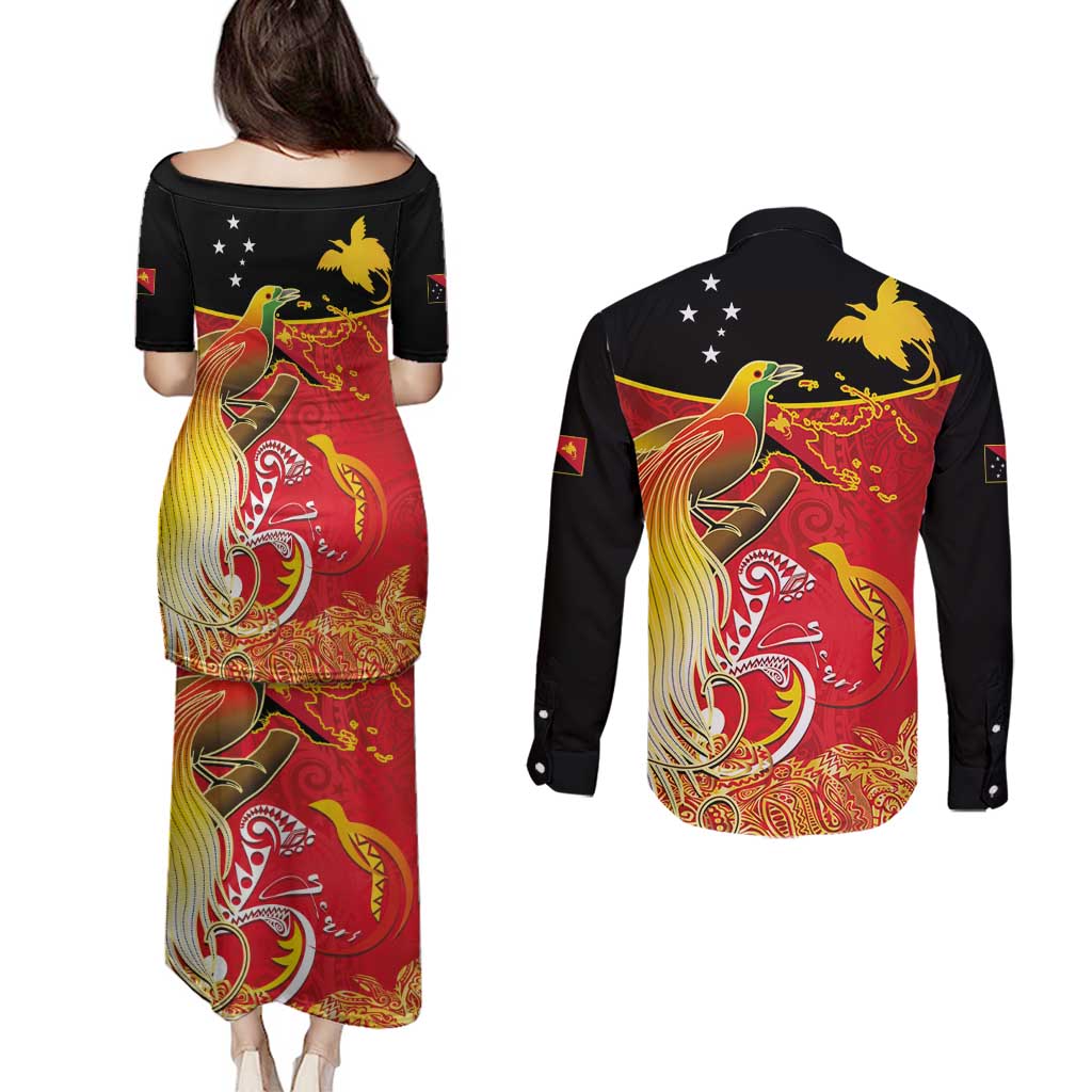 Papua New Guinea Independence Day Couples Matching Puletasi and Long Sleeve Button Shirt Happy Anniversary 50th Bird-of-paradise Melanesian Tattoos - Polynesian Pride