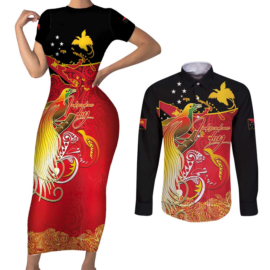 Papua New Guinea Independence Day Couples Matching Short Sleeve Bodycon Dress and Long Sleeve Button Shirt Happy Anniversary 50th Bird-of-paradise Melanesian Tattoos - Polynesian Pride