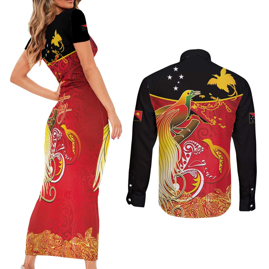 Papua New Guinea Independence Day Couples Matching Short Sleeve Bodycon Dress and Long Sleeve Button Shirt Happy Anniversary 50th Bird-of-paradise Melanesian Tattoos - Polynesian Pride