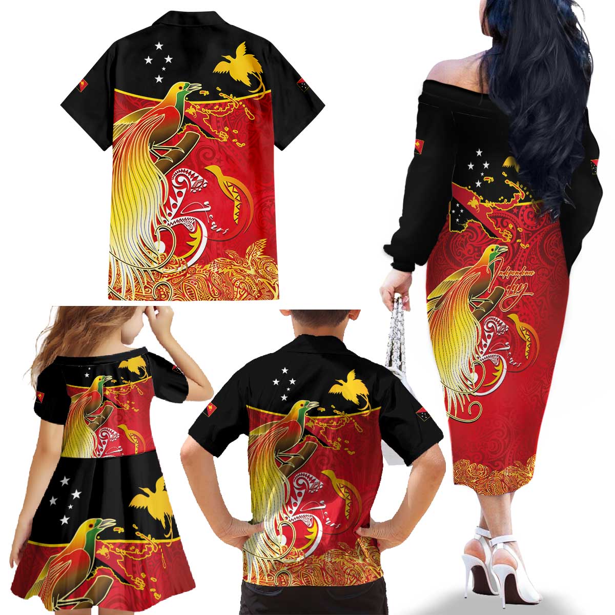 Papua New Guinea Independence Day Family Matching Off The Shoulder Long Sleeve Dress and Hawaiian Shirt Happy Anniversary 50th Bird-of-paradise Melanesian Tattoos - Polynesian Pride