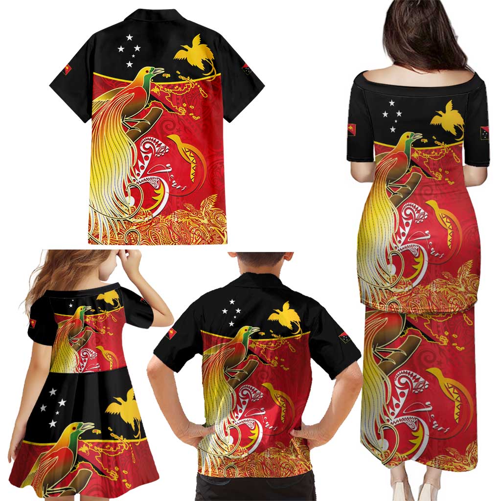 Papua New Guinea Independence Day Family Matching Puletasi and Hawaiian Shirt Happy Anniversary 50th Bird-of-paradise Melanesian Tattoos - Polynesian Pride