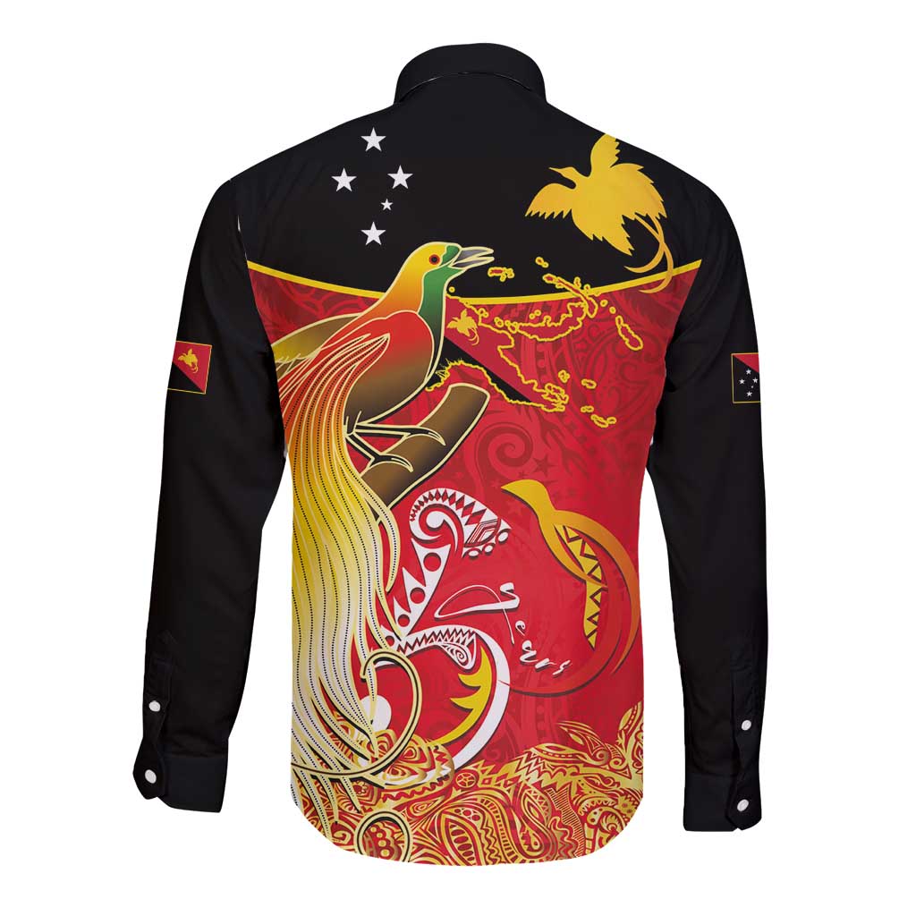 Papua New Guinea Independence Day Long Sleeve Button Shirt Happy Anniversary 50th Bird-of-paradise Melanesian Tattoos - Polynesian Pride