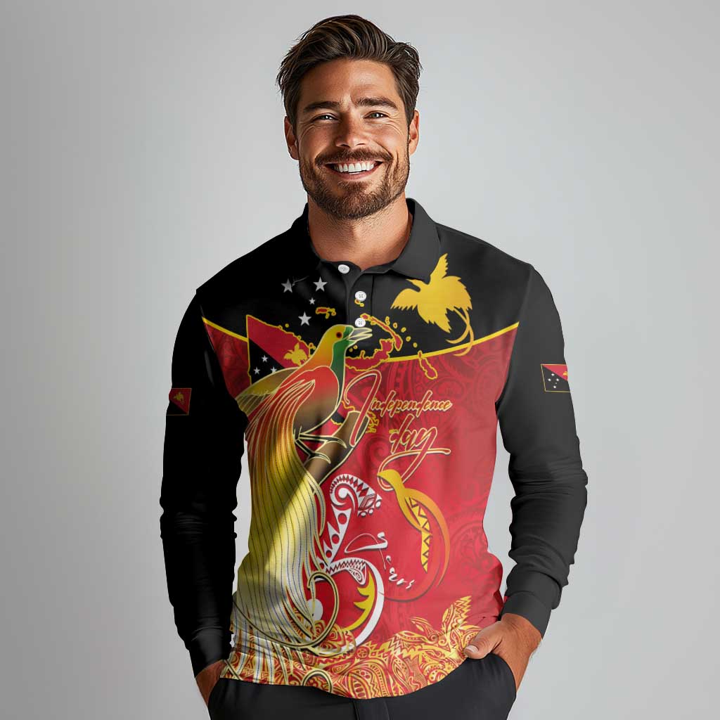 Papua New Guinea Independence Day Long Sleeve Polo Shirt Happy Anniversary 50th Bird-of-paradise Melanesian Tattoos - Polynesian Pride