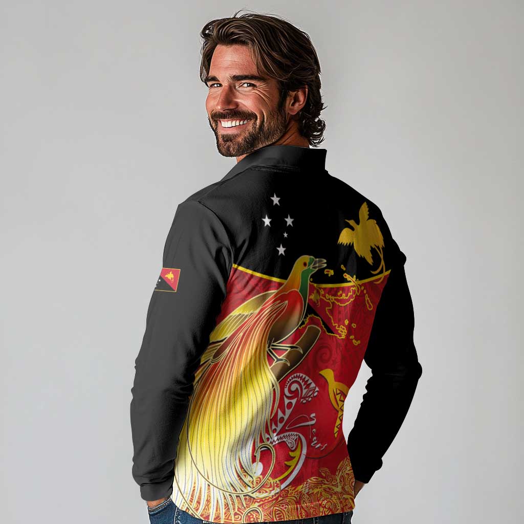 Papua New Guinea Independence Day Long Sleeve Polo Shirt Happy Anniversary 50th Bird-of-paradise Melanesian Tattoos - Polynesian Pride